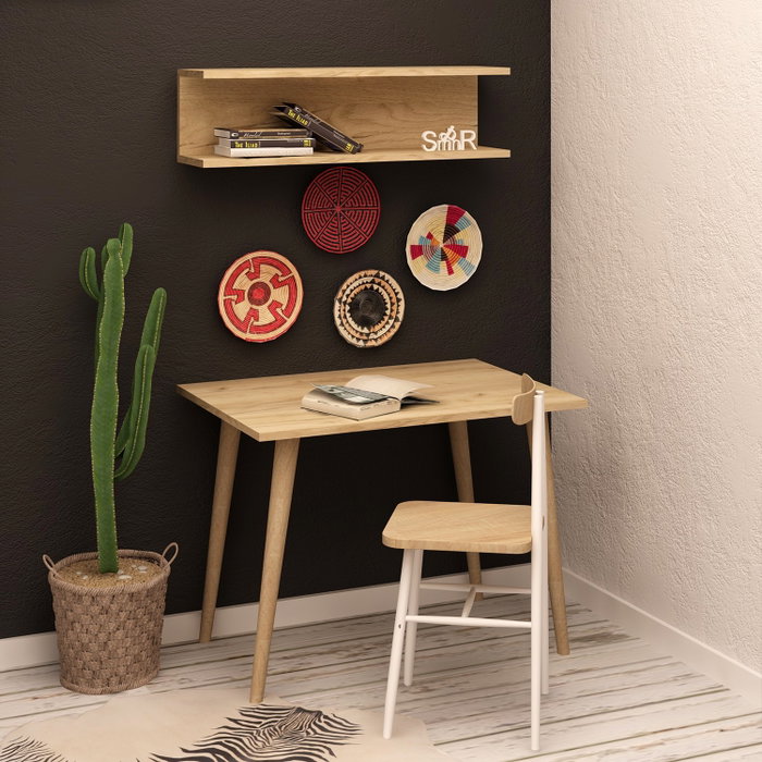Hanah Home Mesa de estudio Fluse en color roble con estante de pared